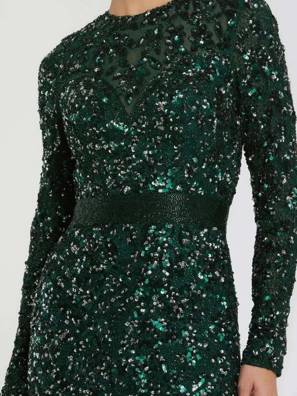 Mac Duggal Forest Green Sequin Beaded Empire Waist Long Sleeve Gown - Picture 3 of 3